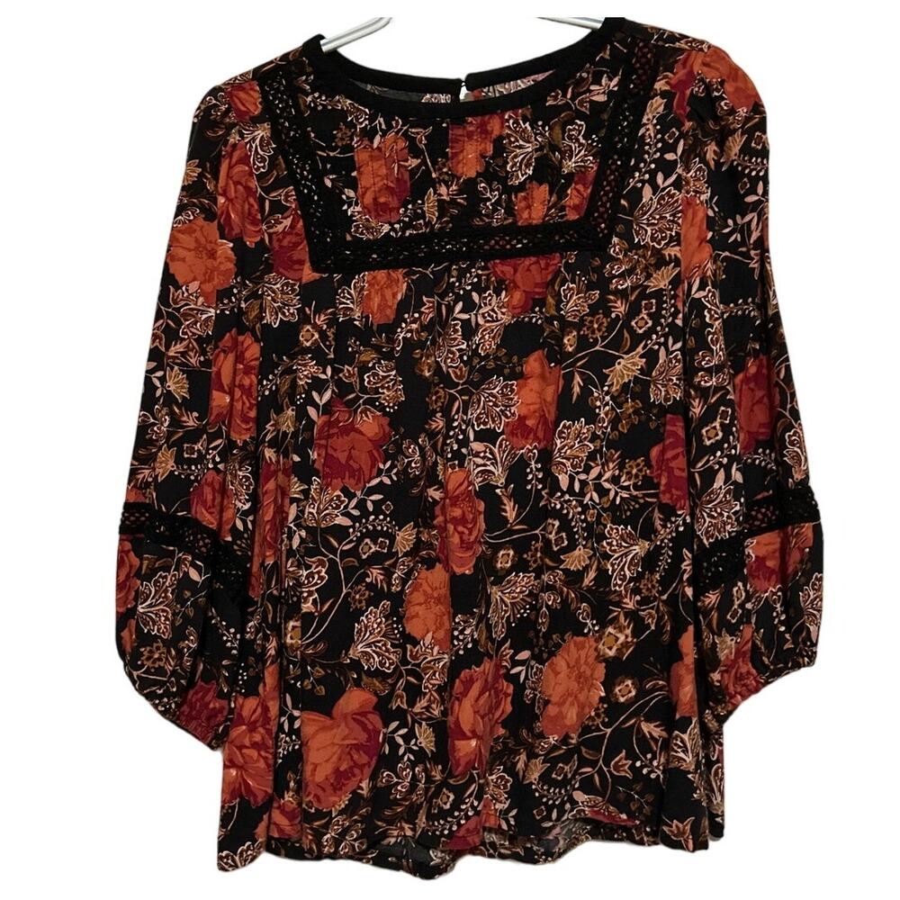 Maurices Black Rust Floral Long Sleeve Blouse Square Embroidered Neck Size S